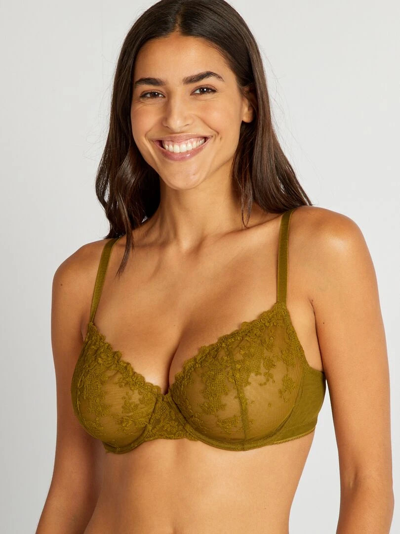 Soutien-gorge en tulle brodé D/E - Kaki