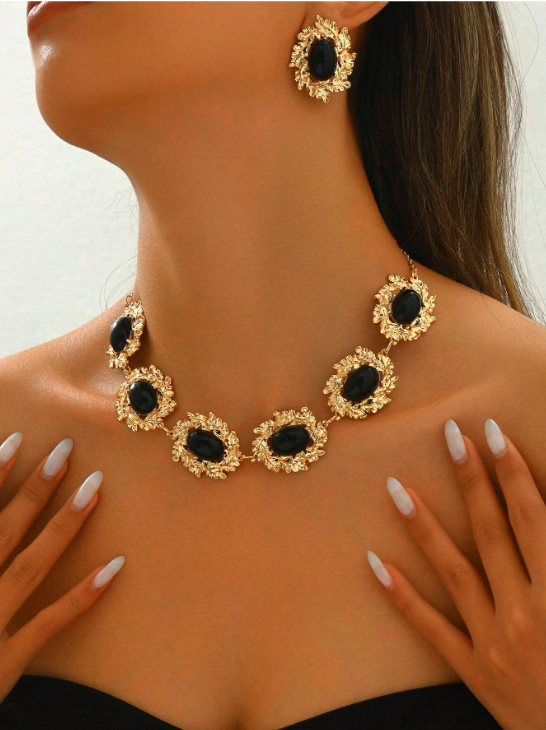 3 Pièces Collier Vintage de Style Français Noir en Acier et Métal