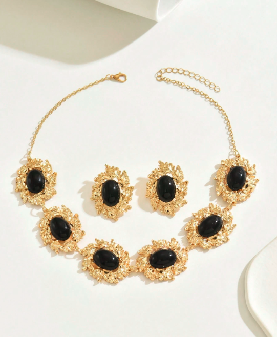 3 Pièces Collier Vintage de Style Français Noir en Acier et Métal