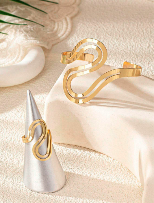 Bracelet Torsadé en Métal et Bague Assortie Élégante